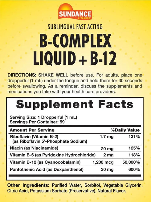 Vitamin B Complex Liquid | with B-12 | Berry Flavor | Essential Sublingual Vitamins | Vegetarian, Non-GMO, and Gluten Free Supplement | by Sundance