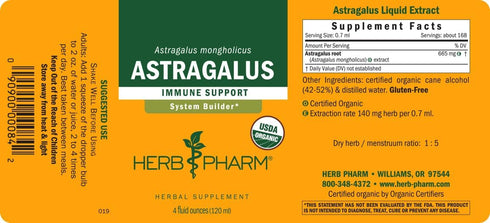 Immune 4 Herb Pharm Certified Organic Astragalus Liquid Extract for System Support - Ounce