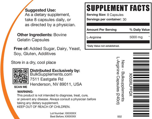 BulkSupplements.com L-Arginine 5000mg Capsules - Nitric Oxide Supplement, Gluten Free, 240 Capsules (Pack of 1)