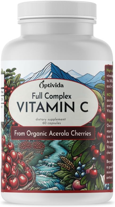 OPTIVIDA Vitamin C Plant-Based Complex - 60 Serv. Natural Organic Acerola Cherry Extract for Immune Support & Healthy