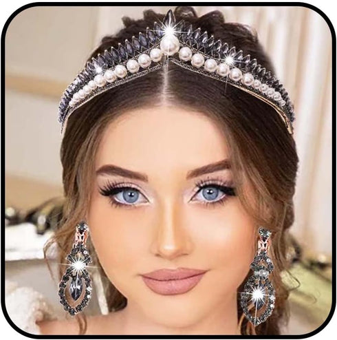 Pearl Tiaras and Crown, Crystal Head Crowns, Rhinestone Princess Tiaras for Bride, Royal Queen Crown for Women