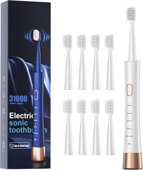 High Vibration Sonic Electric Toothbrush for Adults, 5 Modes, 2 Minutes Smart Timer, 8 Replacement Brush Heads, Ultra