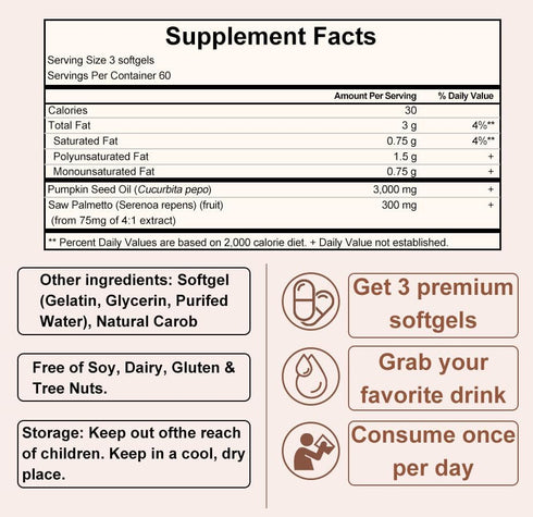 KITABIO 3000mg 180 SoftgelsN-1 Pumpkin Seed Oil, Pumpkin Seed Oil Capsules with Saw Palmetto | Cold Pressed | for Hair
