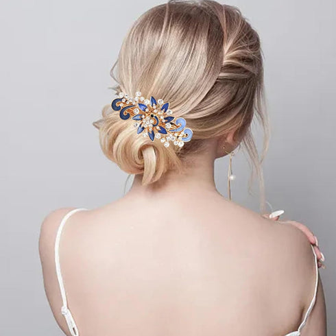 Women's Multilayered Peacock Shaped Rhinestone French Barrette Hair Clip, Blue