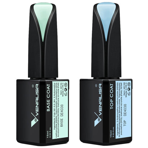 VENALISA 2 Pcs 15ml Gel Nail Polish Base and Top Coat Set, No Wipe High Gloss Long Lasting Tempered Polish Kit