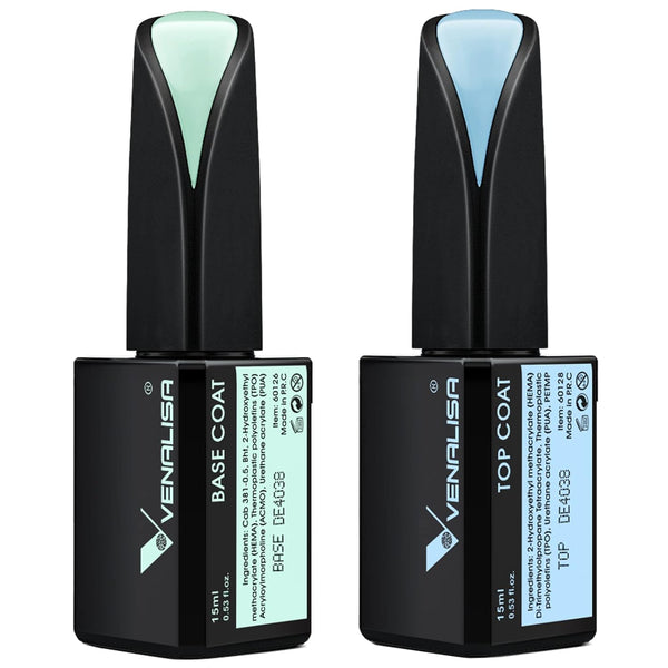 VENALISA 2 Pcs 15ml Gel Nail Polish Base and Top Coat Set, No Wipe High Gloss Long Lasting Tempered Polish Kit