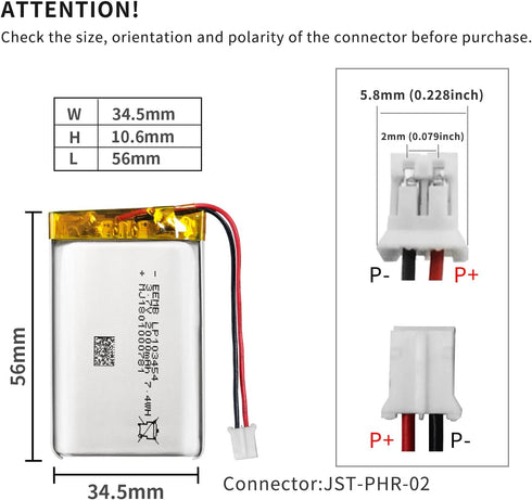 EEMB 3.7V Lithium Polymer Battery 2000mAh 103454 Lipo Rechargeable Pack with Wire JST Connector for Wireless Devices