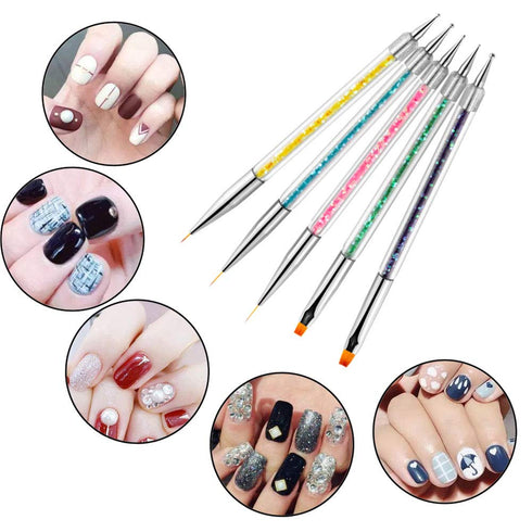 Nail Art Brushes 5pcs Double Ended Brush & Dotting Tool Kit, Including Nail Liner Brush and Dotting Pens for Nail Art