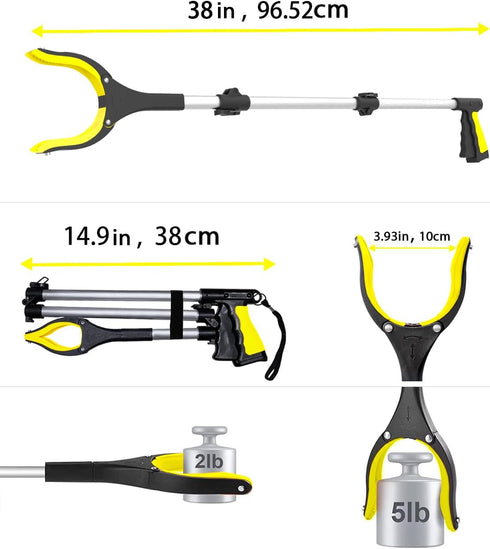 38" Extra Long Grabber Tool, 2PACK Lightweight Reaching Aid with 360°Rotating Jaw