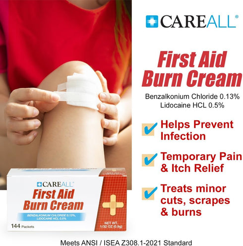 CareAll First Aid Burn Cream, 0.9g Packets (Pack of 144), Pain Relieving Cream for Minor Burns, Cuts, Scrapes