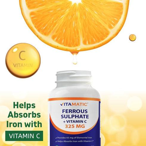 Vitamatic Ferrous Sulphate 325 mg + Vitamin C 100 mg - 250 Coated Tablets High Potency Iron Supplement Made in USA