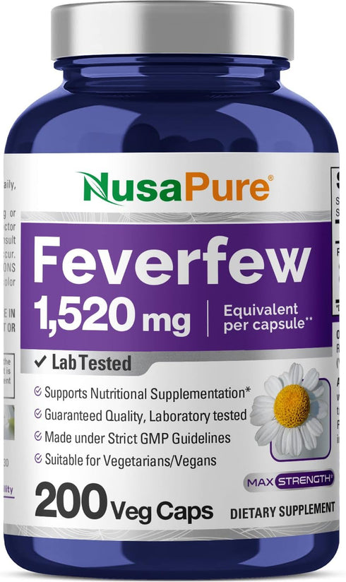 NusaPure 1520mg Feverfew Vegetarian Caps, 200 Count (Extract 4:1, Non-GMO, Gluten Free)