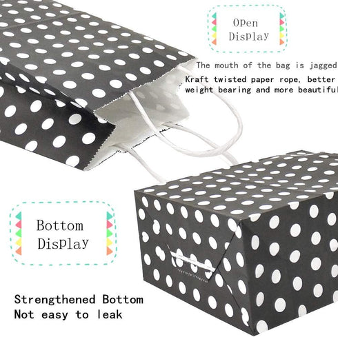 Small Polka Dot Gift Bags, Black Kraft Paper Bags with Handles for Party Favors, 12 PCS