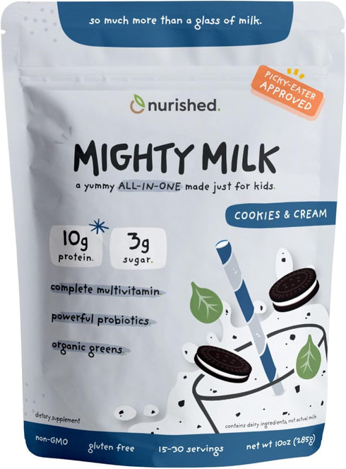 Cookies & Cream Mighty Milk - Kids All-in-One Daily Protein Powder & Multivitamin with Probiotics - 15-30 Servings