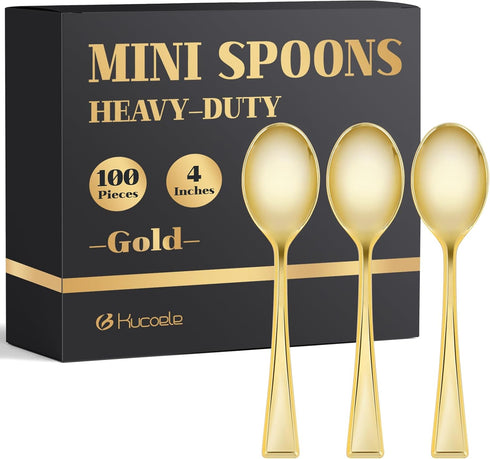 Kucoele 100 Pack Gold Mini Plastic Spoons - 4 Inch Heavy Duty Disposable Small Dessert Spoons