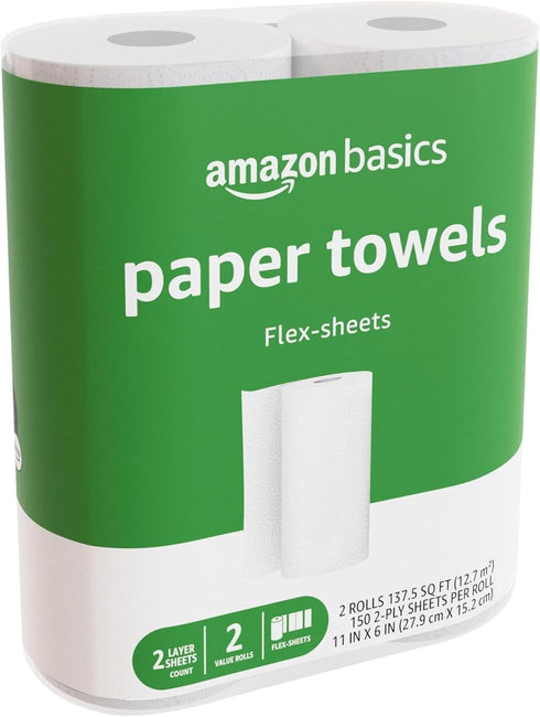 Amazon Basics 2-Ply Flex-Sheets Paper Towels, 2 Rolls = 5 Regular Rolls, 150 Sheets per Roll