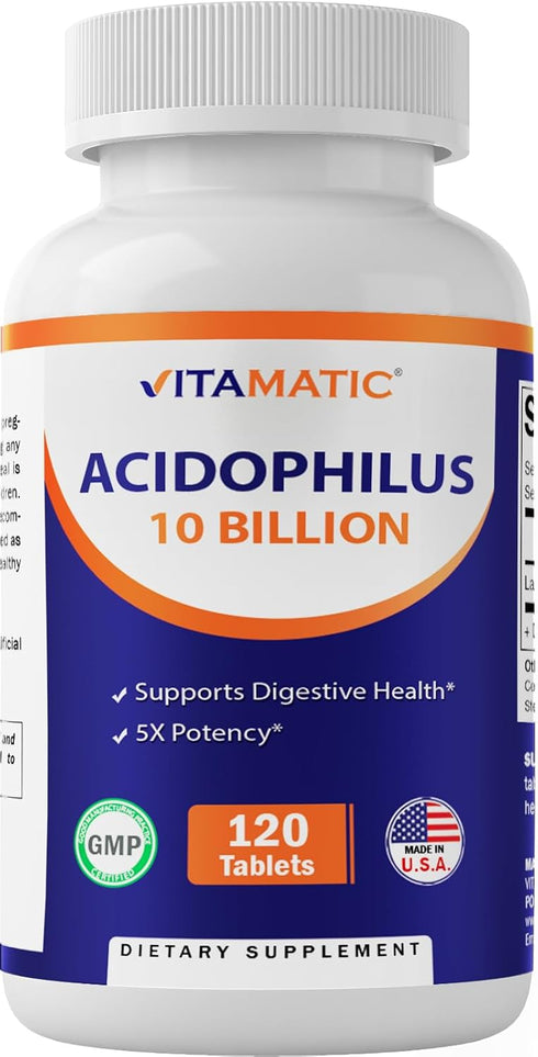 Vitamatic Acidophilus Probiotic - 10 Billion CFU - Daily Supplement, 5X Potency Supports Digestive Health - 120 Tablets