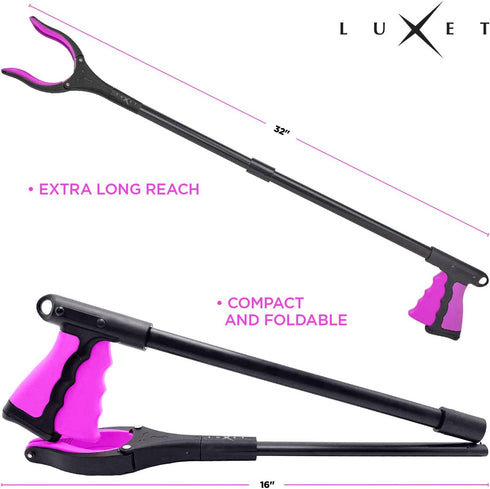 Grabber Reacher Tool - Long 32 Inch (Pink) Aluminum Foldable Pick Up Stick - Lightweight Trash Picker Claw for Elderly