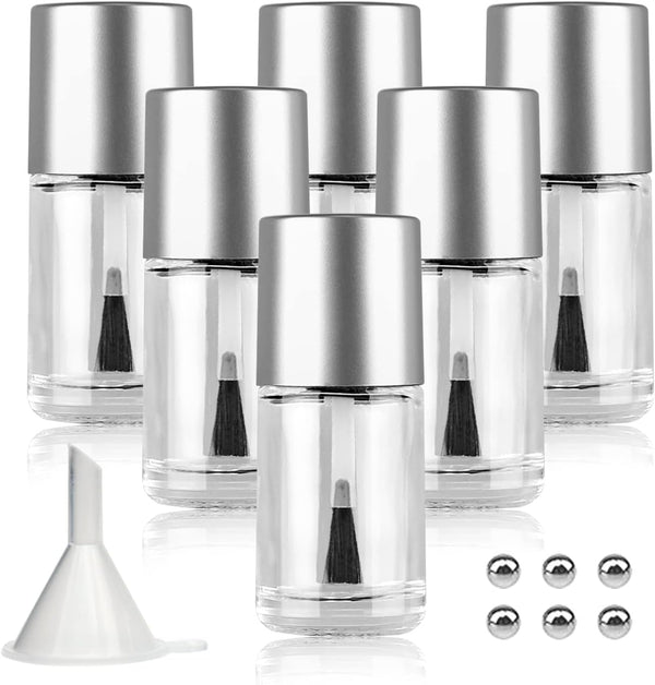 6PCS Empty Nail Polish Bottles with Brush, Refillable DIY Glass Bottles with Funnel & Mixing Balls (15ML)