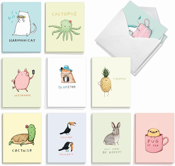 The Best Card Company - 20 Note Cards Blank Assortment, 4 x 5.12 Inch, 10 Designs, 2 Each - Punimals AM3366OCB-B2x10-NB