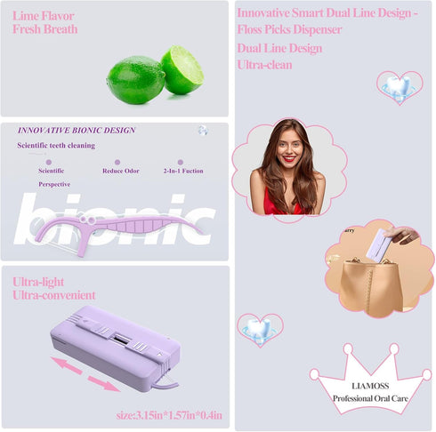 Shred Resistant Twin Line Dental Floss Picks Dispenser, 2 Box Lime Flavor Portable Case for Oral Care (Purple)