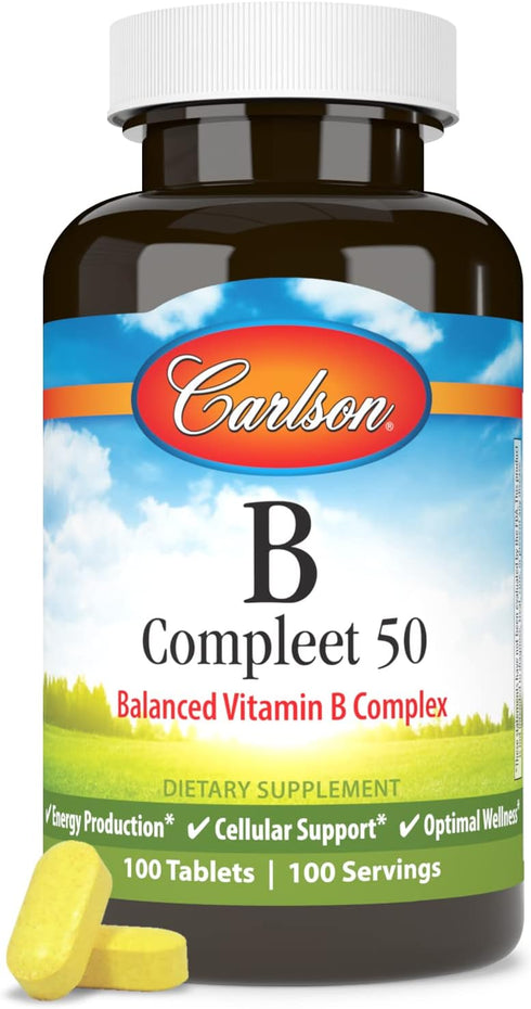 Carlson - B Compleet 50, Balanced Vitamin B Complex, 100 Tablets for Energy Production & Cellular Support