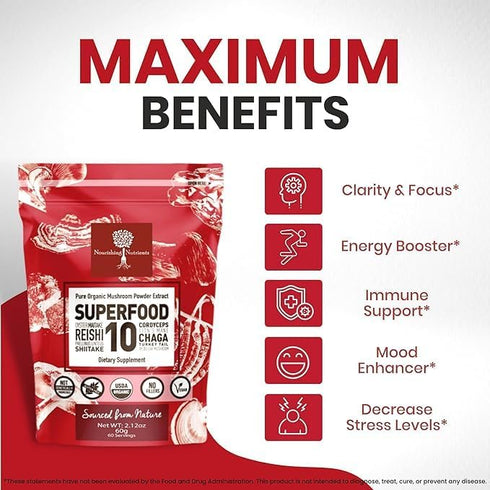 Organic Mushroom Powder Extract - Superfood 10 Supplement, 100% Pure USDA Immunity Booster, 60 Grams