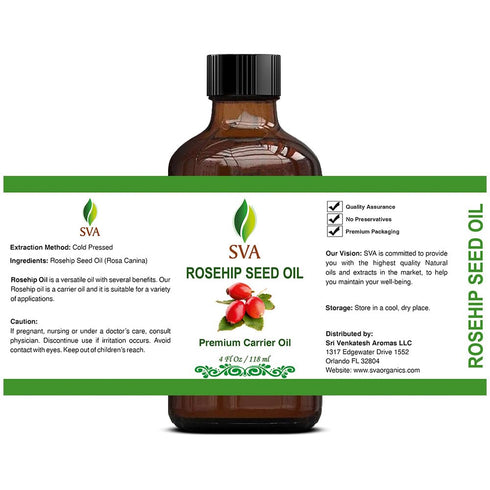 SVA Rosehip Seed Oil - 4 Fl Oz, 100% Natural & Cold Pressed Carrier Oil for Face, Skin Care, Hair Care