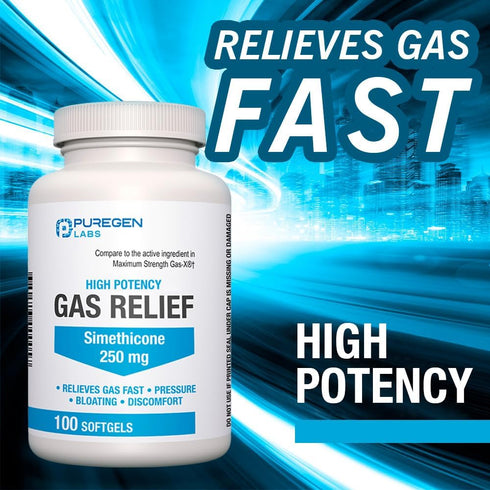 P Puregen Labs High Potency Gas Relief Softgels, Simethicone 250 mg for Pressure, Bloating, 200 Count