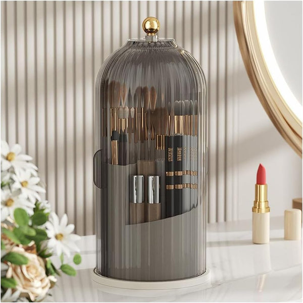Makeup Brush Organizer with Lid, 360° Rotating Clear Dustproof Storage, Cup Pen Holder for Vanity Bathroom (Clear Black