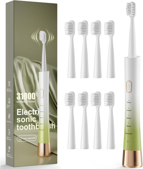 Upgrade Sonic Electric Toothbrush for Adults, 8 Replacement Brush Heads, Rechargeable with 2-Minute Timer, White & Green