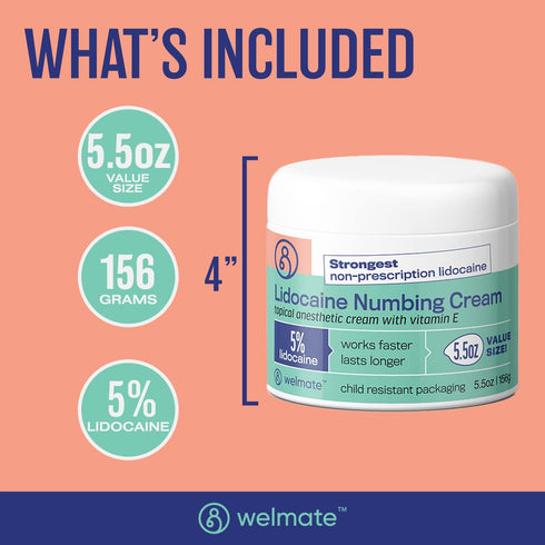 WELMATE 5% Lidocaine Numbing Cream Maximum Strength, Topical Anesthetic for Aches, Itching, Soreness, Tattoos, 5.5 Oz
