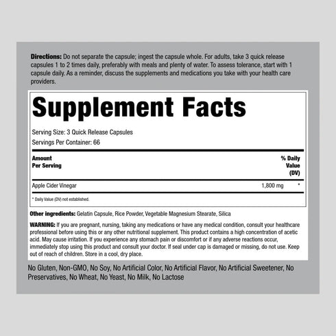 Piping Rock Apple Cider Vinegar Capsules 1800 mg | 200 Pills | Potent Formula | ACV Supplement | Non-GMO, Gluten Free
