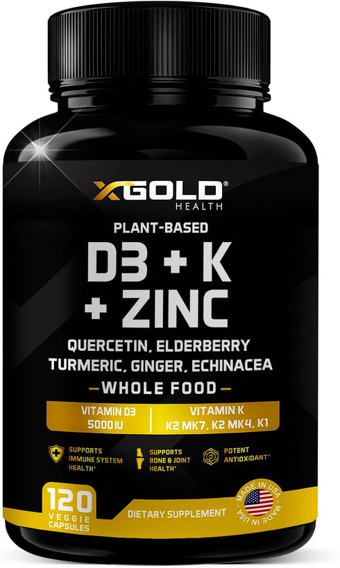 Vitamin D, K2, K1, Zinc, Quercetin, Elderberry, Turmeric, Ginger & Echinacea Whole Food Supplement - 120 Capsules