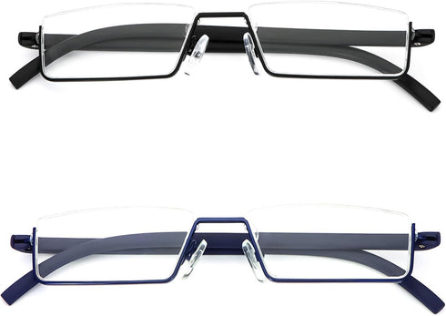 REAVEE 2 Pack Half Frame Reading Glasses, Lightweight Metal Readers for Men Women, Black and Blue +3.5 with Case