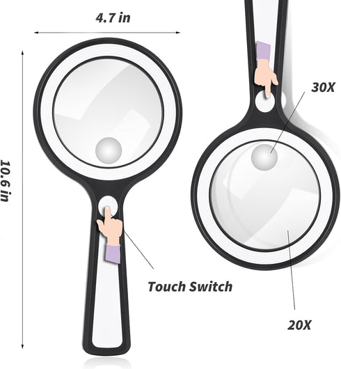 20X 30X Coin Magnifier, USB Rechargeable Lighted Handheld Magnifying Glass for Currency, Seniors, Reading, Crafts