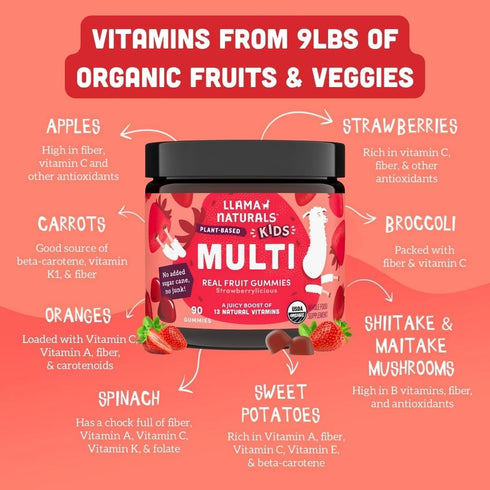 Llama Naturals Real Fruit Gummy Vitamins for Kids, Vegan Toddler Gummies, Organic, 90 ct (30-45 Days) Strawberry
