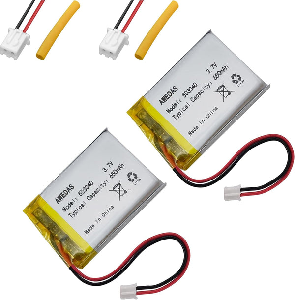 (2 Pack) 503040 Battery 3.7v 650mAh Lipo Battery, Compatible Replacement for Multiple Devices with JST Connector