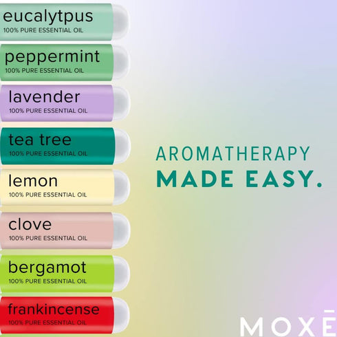 MOXE Nasal Inhalers Bundle, 8 Essential Oils, 100% Pure and Undiluted, Therapeutic Grade, No-Mess Portable Aromatherapy, includes Eucalyptus, Peppermint, Lavender, Tea Tree, Made in USA (Pack of 8)β¦