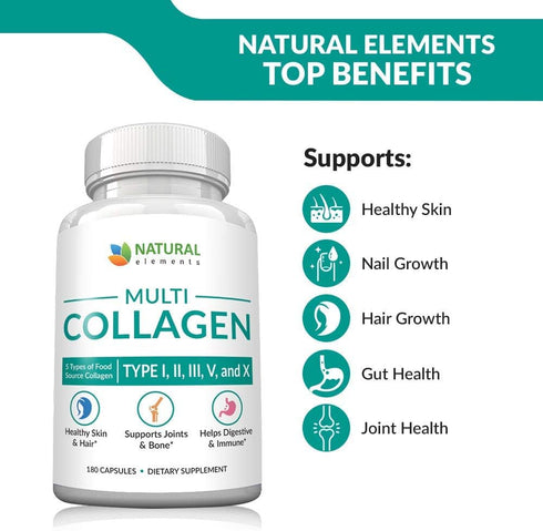 Multi Collagen 180 Protein Capsules - Type I, II, III, V, X Collagen Pills - 2025mg per Serving