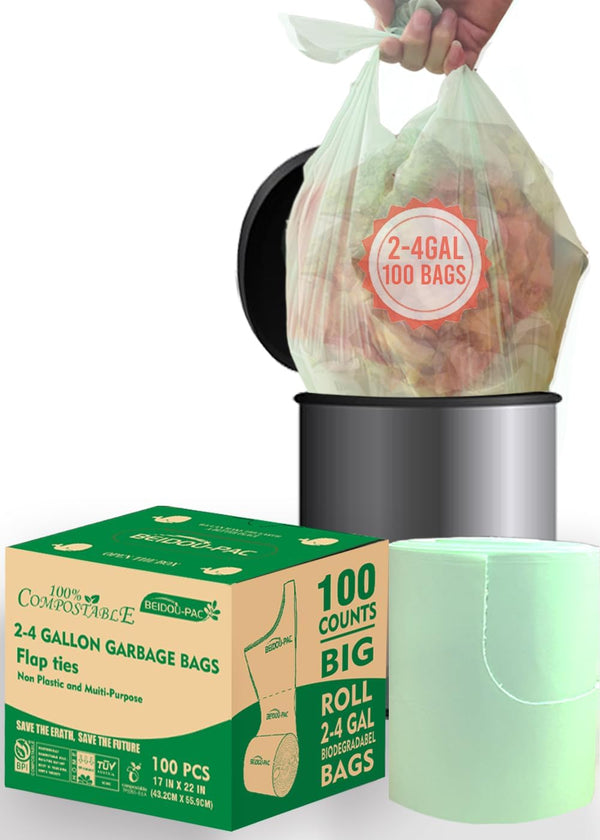 2-4 Gallon Flap Tie Compostable Trash Bags, 100 Count, Small Compost Bags, Biodegradable Kitchen Garbage Bags, Food