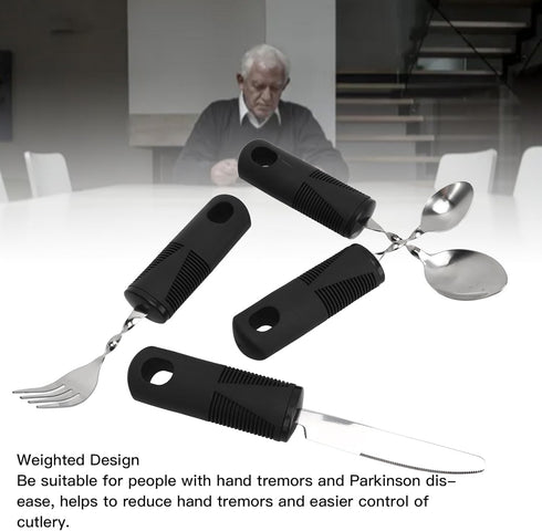 Weighted Utensils Set for Parkinsons Patients, Adaptive Silverware for Hand Tremors, 4Pcs Spoon Fork Knife Built Up
