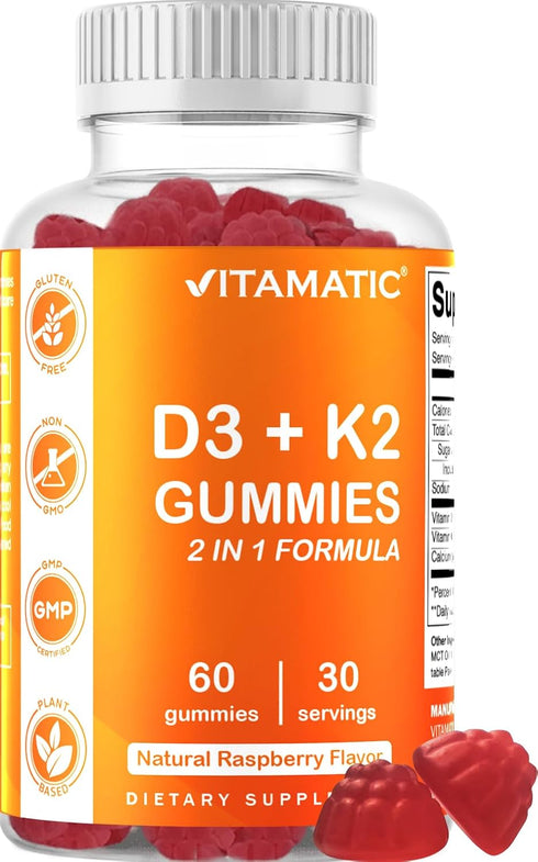 Vitamatic Vitamin D3 K2 Gummies - 60 Count - Supports Healthy Bone, Heart & Calcium Absorption, Immune Health - Plant