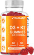 Vitamatic Vitamin D3 K2 Gummies - 60 Count - Supports Healthy Bone, Heart & Calcium Absorption, Immune Health - Plant