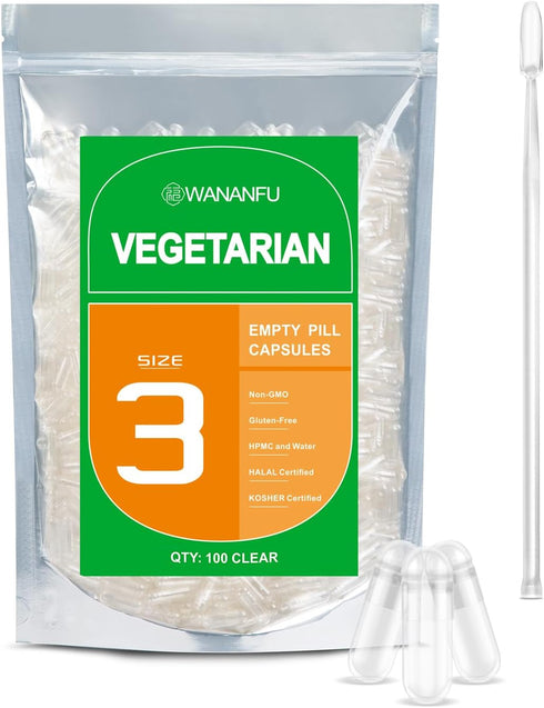 wananfu Size 3 Empty Vegetarian Capsules (100 Count) Bundle with Micro Lab Spoon for DIY Supplements