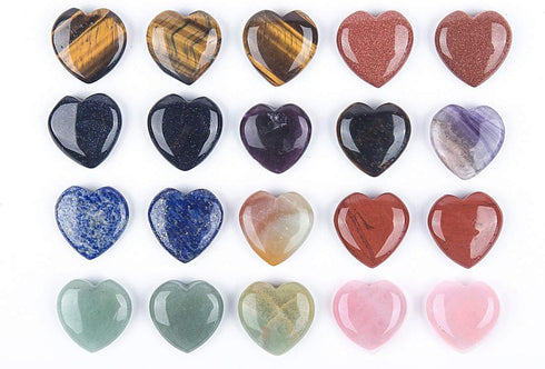 JIC Gem 20 pcs Mixed Crystal Heart Stones, Heart Shape Chakra Stones, 30mm Reiki Balancing Hand Carved
