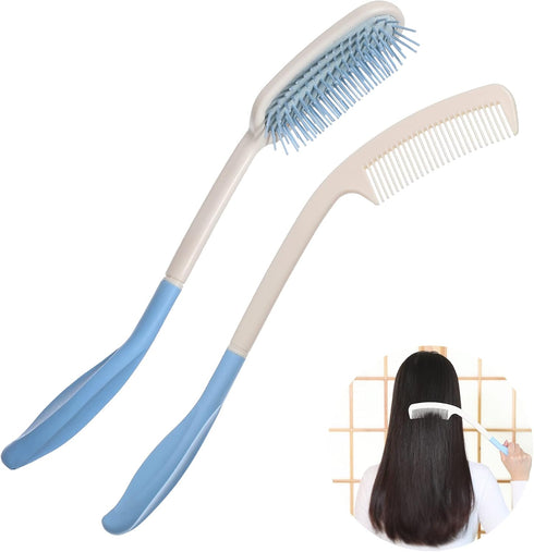 Fanwer Long Reach Handled Comb and Hair Brush Set for Elderly and Hand-Disabled People, 2 pcs