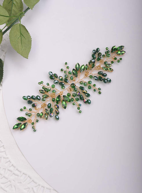 Kercisbeauty Bride Hair Accessories - Green Crystal Hair Vine, Gold Headband for Vintage Wedding