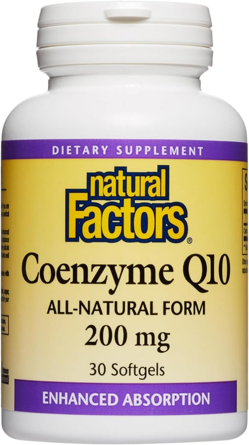 Natural Factors Coenzyme Q10 200 mg Supplement for Energy, Heart and Cognitive Support, 30 Softgels