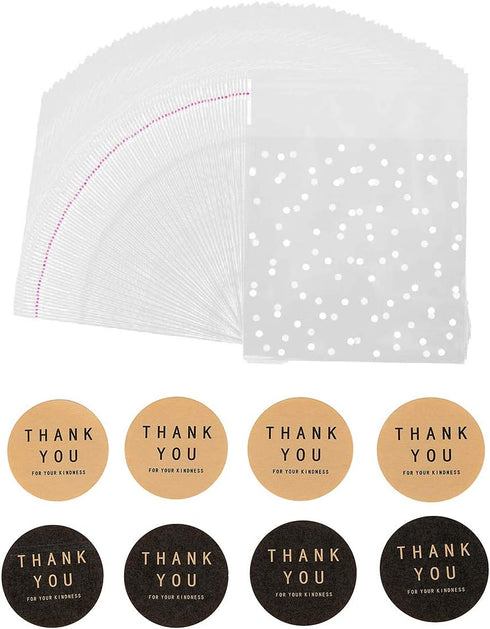 400PCS White Polka Dot Treat Bags Set, Self Adhesive Candy Cookie Bags Set, 200 Cellophane Bags + 200 Thank You